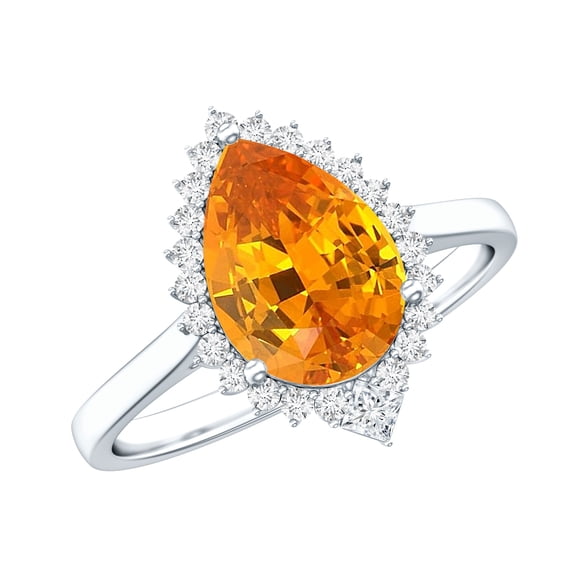 Pear Shaped Lab Grown Orange Sapphire Cocktail Ring with Diamond Halo - AAAA Grade, 10K White Gold, US 4.50