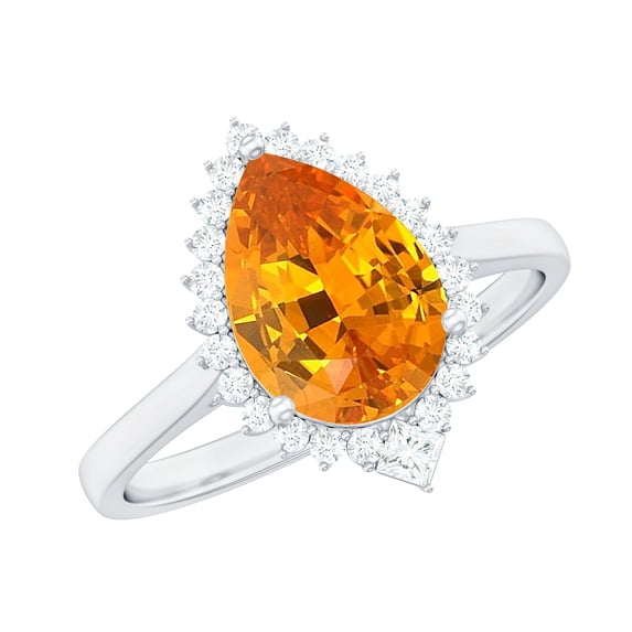 Rosec Jewels Pear Shaped Lab Grown Orange Sapphire Cocktail Ring with Diamond Halo - AAAA Grade, 925 Sterling Silver, US 12.50