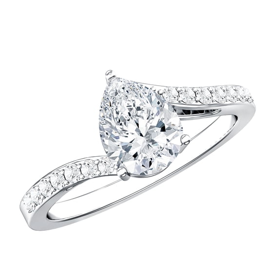Rosec Jewels Certified Solitaire Moissanite Pear Shaped Engagement Ring 1 Carat - 6X8 mm - Bypass Ring - D-VS1 Quality, 925 Sterling Silver, US 4.00
