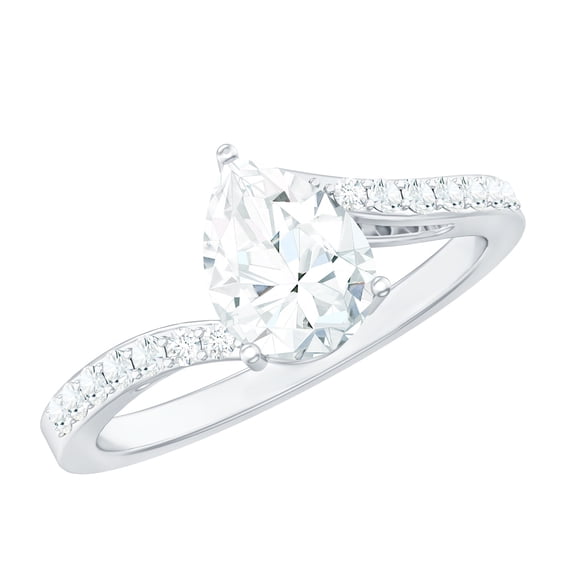 Rosec Jewels Certified Solitaire Moissanite Pear Shaped Engagement Ring 1 Carat - 6X8 mm - Bypass Ring - D-VS1 Quality, 925 Sterling Silver, US 4.00