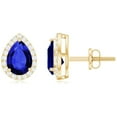 thumbnail image 1 of Rosec Jewels Pear Shaped Sapphire Halo Stud Earring with Moissanite - 5X7 mm Created Blue Sapphire, 14K Yellow Gold, 1 of 8
