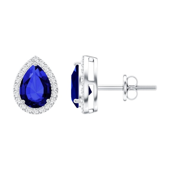 Rosec Jewels Lab Grown Blue Sapphire Stud Earrings with Halo (3 Carat Pear Shape, AAAA Grade) - Sapphire Diamond Earrings, 18K White Gold