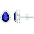 thumbnail image 1 of Rosec Jewels Pear Shaped Sapphire Halo Stud Earring with Moissanite - 5X7 mm Created Blue Sapphire, 18K White Gold, 1 of 8