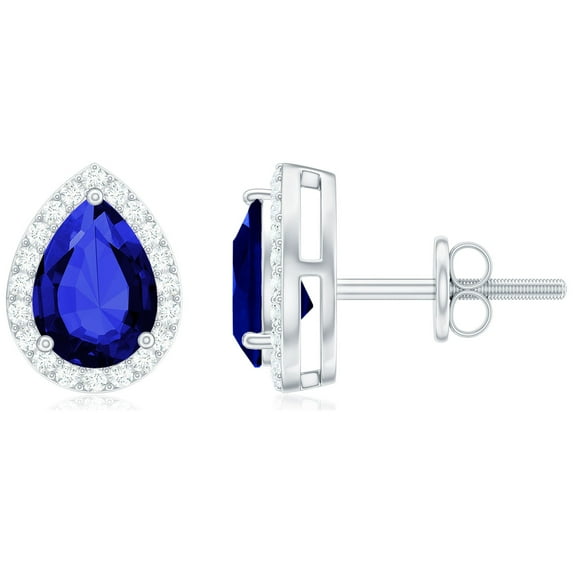 Rosec Jewels Pear Shaped Sapphire Halo Stud Earring with Moissanite - 5X7 mm Created Blue Sapphire, 18K White Gold