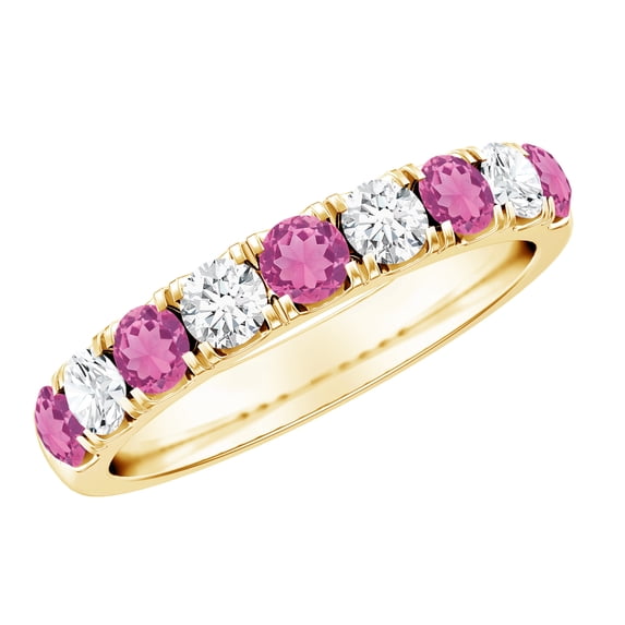 Rosec Jewels Pink Tourmaline Half Eternity Band Ring with Diamond for Women (AAA Quality), 14K Yellow Gold, US 7.00