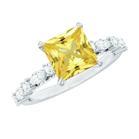 Rosec Jewels Princess Cut Lab Grown Yellow Sapphire Solitaire Ring with Moissanite - 8 mm, 10K White Gold, US 8.50