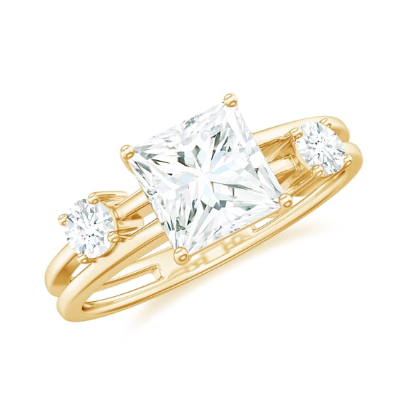 Rosec Jewels Moissanite Princess Cut Engagement Ring 1 Ct - Double Band Ring (6 mm, D-VS1 Grade Certified), 10K Yellow Gold, US 9.00