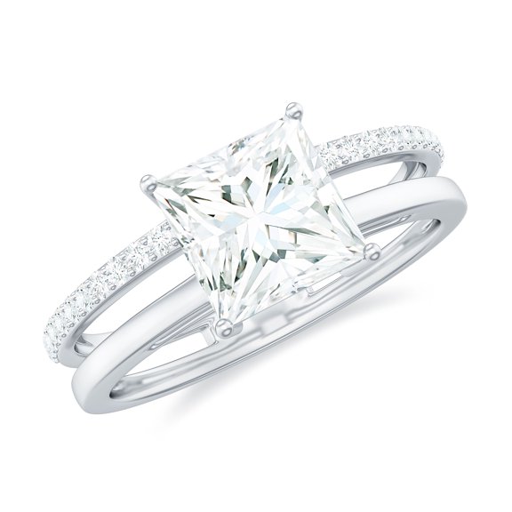 Rosec Jewels Certified Moissanite Princess Cut Engagement Ring 3 Carat - Double Band Ring - 8 mm - D-VS1 Quality, 18K White Gold, US 9.00