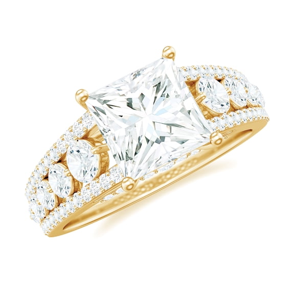 Rosec Jewels Moissanite Princess Cut Engagement Ring with Side Stones - 8 mm - 3 Ct - D-VS1 Quality Certified, 14K Yellow Gold, US 6.50