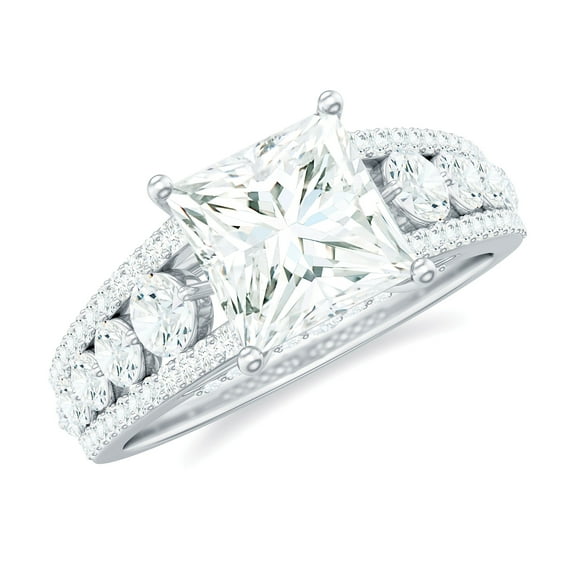 Rosec Jewels Moissanite Princess Cut Engagement Ring with Side Stones - 8 mm - 3 Ct - D-VS1 Quality Certified, 925 Sterling Silver, US 11.50