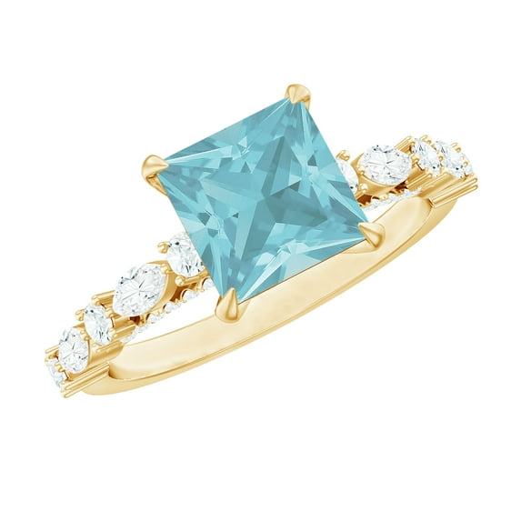 Rosec Jewels Princess Cut Sky Blue Topaz Solitaire Ring for Women with Moissanite, 14K Yellow Gold, US 8.50