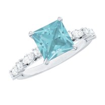 Rosec Jewels Princess Cut Sky Blue Topaz Solitaire Ring for Women with Moissanite, 925 Sterling Silver, US 4.00