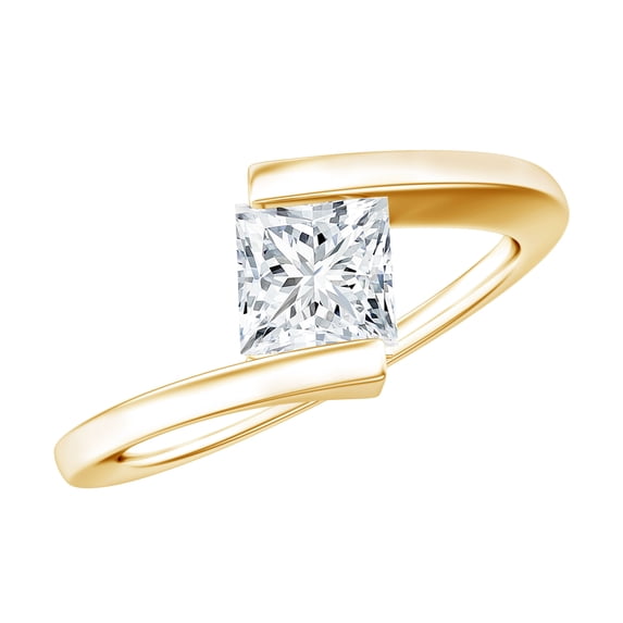 Rosec Jewels Certified Moissanite Promise Ring for Women - 5 mm Princess Cut - Bypass Ring - D-VS1 Quality, 10K Yellow Gold, US 12.00