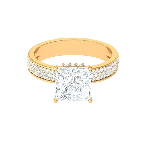Rosec Jewels Princess Cut Moissanite Engagement Ring with Side Stones - 3 Carat Moissanite Ring - 8 mm - D-VS1 Quality, 14K Yellow Gold, US 3.50
