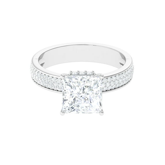 Rosec Jewels Princess Cut Moissanite Engagement Ring with Side Stones - 3 Carat Moissanite Ring - 8 mm - D-VS1 Quality, 18K White Gold, US 4.00