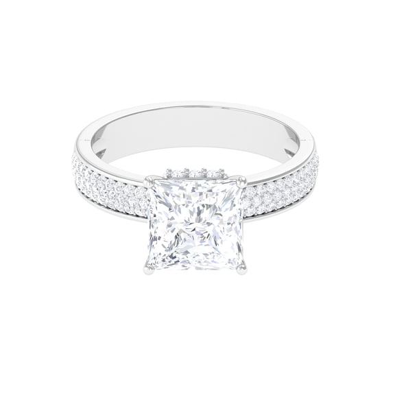 Rosec Jewels Princess Cut Moissanite Engagement Ring with Side Stones - 3 Carat Moissanite Ring - 8 mm - D-VS1 Quality, 18K White Gold, US 6.00