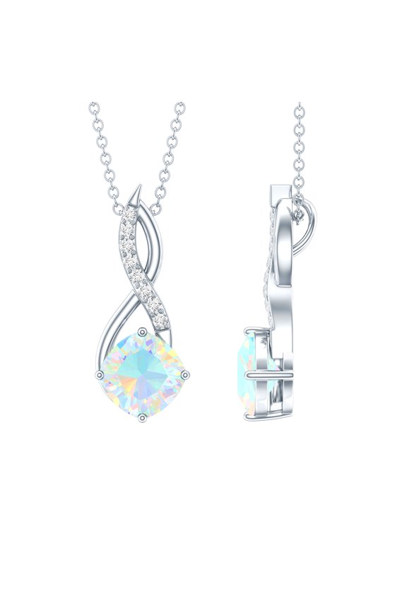 Real Ethiopian Opal Infinity Pendant with Moissanite - 8 mm Cushion Shape, 10K White Gold
