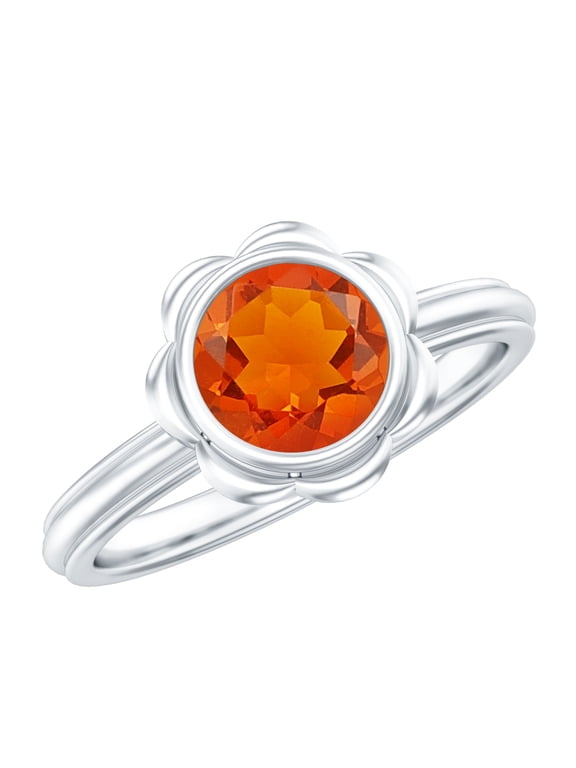 Real Fire Opal Flower Engagement Ring - Bezel Set Opal Solitaire Ring - 1.6 Carat - AAA Grade - with Jewelry Box, 925 Sterling Silver, US 4.00