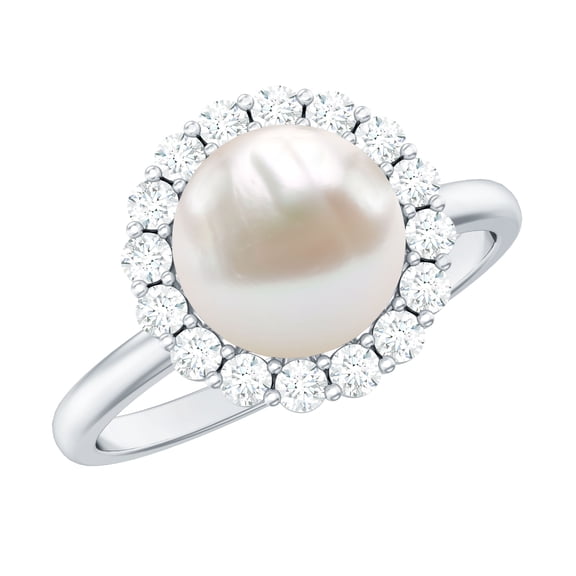 Rosec Jewels Real Freshwater Pearl Cocktail Ring with Diamond Halo for Women (8 mm), 10K White Gold, US 3.00