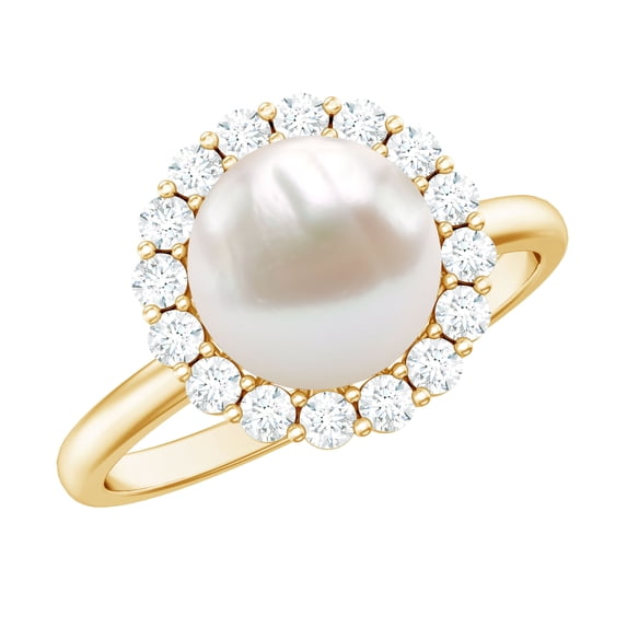Rosec Jewels Real Freshwater Pearl Cocktail Ring with Diamond Halo for Women (8 mm), 10K Yellow Gold, US 5.50