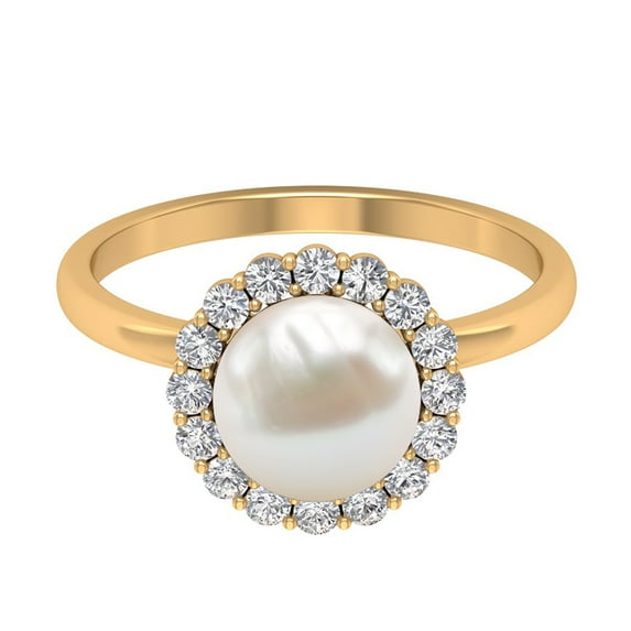 Rosec Jewels Real Freshwater Pearl Cocktail Ring with Diamond Halo for Women (8 mm), 10K Yellow Gold, US 9.50