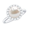 thumbnail image 1 of Real Freshwater Pearl Cocktail Ring with Diamond Halo for Women (7 Carat, AAA Quality), 14K White Gold, US 5.50, 1 of 9