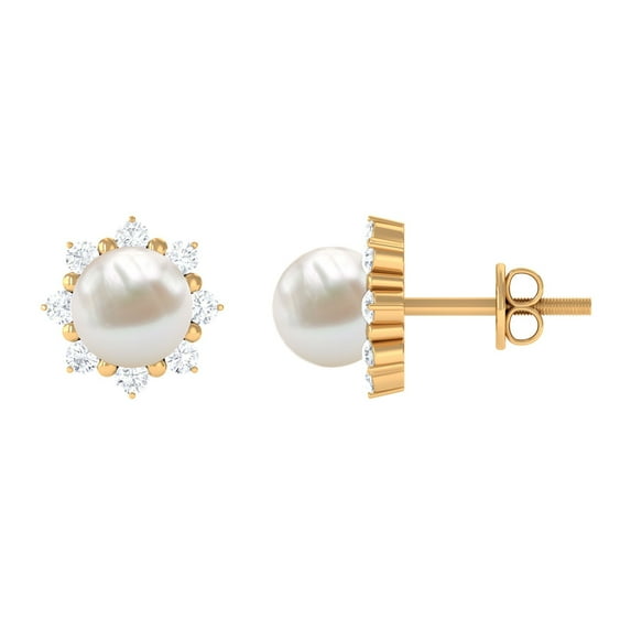 Rosec Jewels Real Freshwater Pearl Floral Stud Earrings with Diamond Halo - 6.50 CT, 10K Yellow Gold