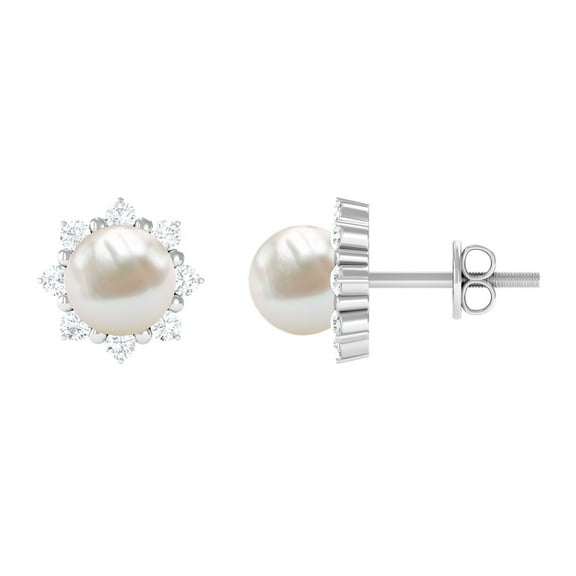 Rosec Jewels Real Freshwater Pearl Floral Stud Earrings with Diamond Halo - 6.50 CT, 925 Sterling Silver