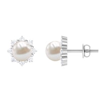 Rosec Jewels Real Freshwater Pearl Floral Stud Earrings with Diamond Halo - 6.50 CT, 925 Sterling Silver
