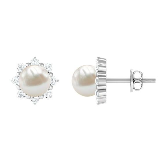 Rosec Jewels Real Freshwater Pearl Floral Stud Earrings with Diamond Halo - 6.50 CT, 925 Sterling Silver