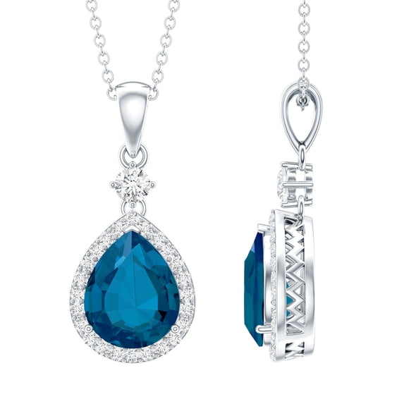 Rosec Jewels London Blue Topaz Teardrop Pendant Necklace with Halo (7X10mm, 1.7 Ct, AAA Grade) - Blue Topaz Necklace - with Chain, 18K White Gold