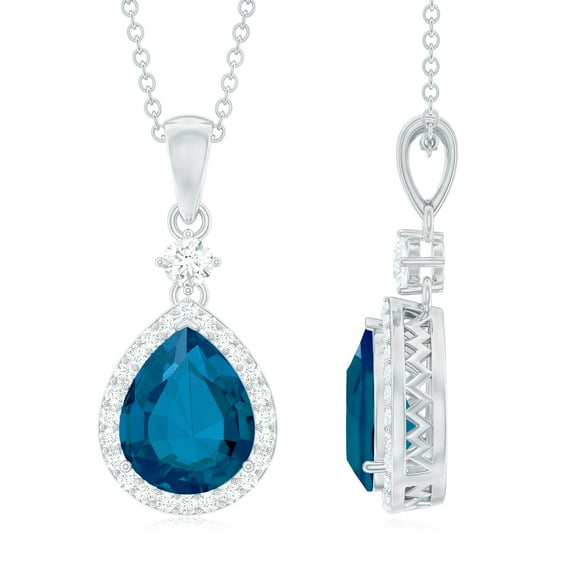 Rosec Jewels Real London Blue Topaz Teardrop Pendant for Women with Moissanite Halo (7X10 mm), 18K White Gold