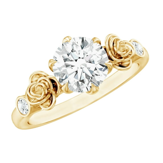 Round Cut Moissanite Solitaire Ring for Women - Flower Engagement Ring (1.50 CT), 18K Yellow Gold, US 5.00