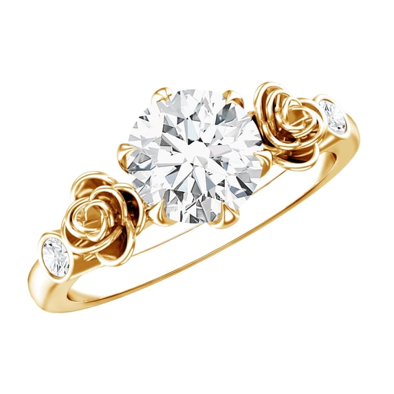 Rosec Jewels Round Shape Moissanite Solitaire Ring for Women - Flower Engagement Ring (D-VS1 Quality), 18K Yellow Gold, US 5.00
