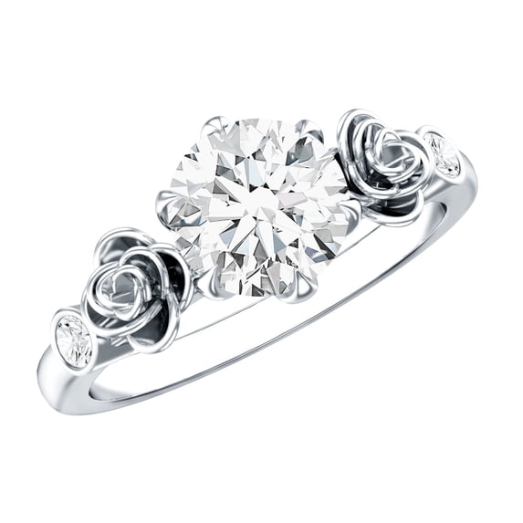 Rosec Jewels Round Shape Moissanite Solitaire Ring for Women - Flower Engagement Ring (D-VS1 Quality), 925 Sterling Silver, US 4.00