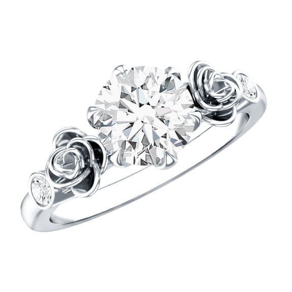 Rosec Jewels Round Shape Moissanite Solitaire Ring for Women - Flower Engagement Ring (D-VS1 Quality), 925 Sterling Silver, US 4.00