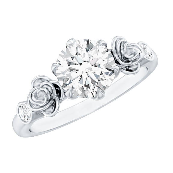 Rosec Jewels Round Shape Moissanite Solitaire Ring for Women - Flower Engagement Ring (D-VS1 Quality), 925 Sterling Silver, US 7.00