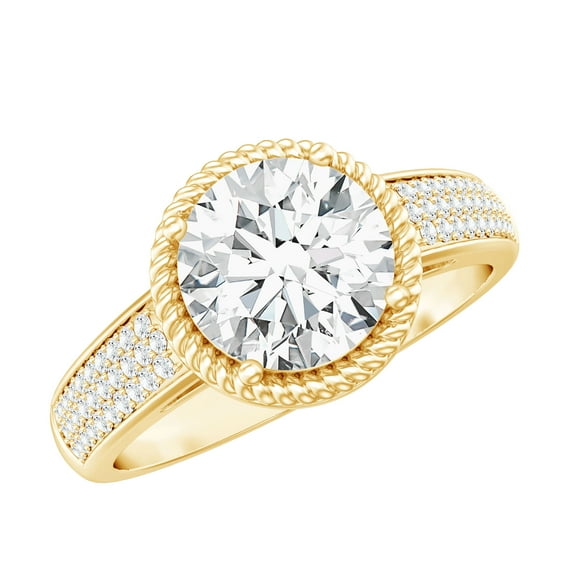 Rosec Jewels Moissanite Engagement Ring with Side Stones (8 mm, 2 Ct, D-VS1 Quality Authentically Certified) - with Jewelry Box, 10K Yellow Gold, US 4.00