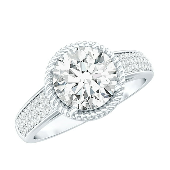 Rosec Jewels Moissanite Engagement Ring with Side Stones (8 mm, 2 Ct, D-VS1 Quality Authentically Certified) - with Jewelry Box, 925 Sterling Silver, US 13.00