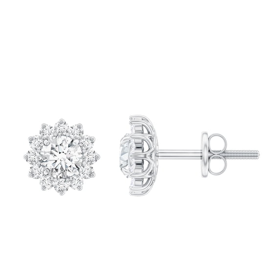 Rosec Jewels Certified Moissanite Flower Stud Earrings with Halo (1 CT, D-VS1 Quality) - with Screw Back - Jewelry Box Included, 14K White Gold
