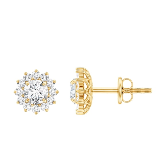 Rosec Jewels Certified Moissanite Flower Stud Earrings with Halo (1 CT, D-VS1 Quality) - with Screw Back - Jewelry Box Included, 18K Yellow Gold