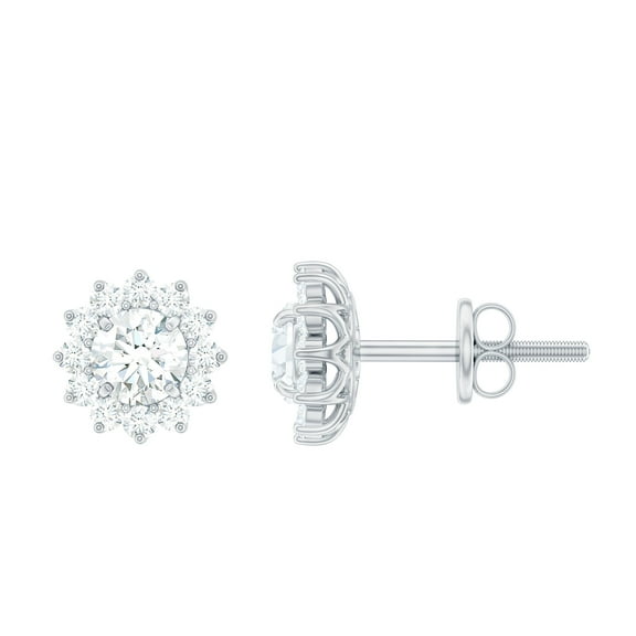 Rosec Jewels Round Moissanite Flower Stud Earrings with Halo (1.25 CT, D-VS1 Quality), 925 Sterling Silver