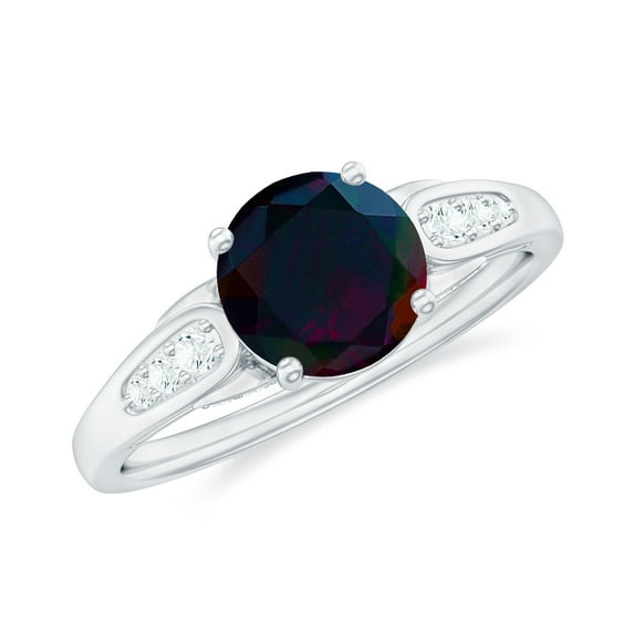 Rosec Jewels Round Shape Black Opal Solitaire Ring with Diamond for Women - 7 mm, 14K White Gold, US 12.00