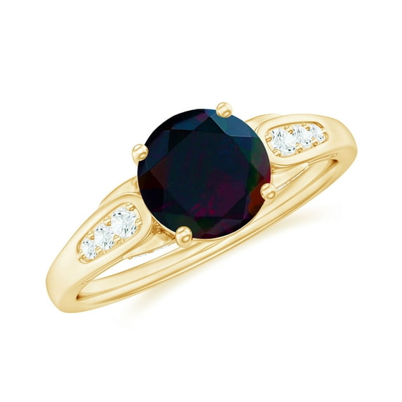 Rosec Jewels Round Shape Black Opal Solitaire Ring with Diamond for Women - 7 mm, 14K Yellow Gold, US 10.50