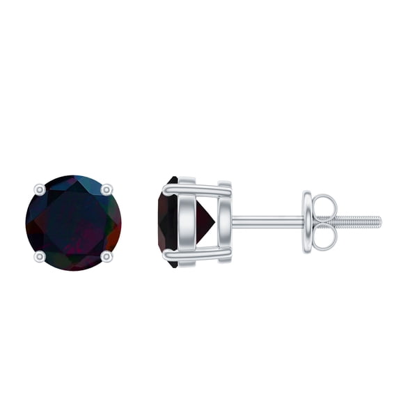Rosec Jewels Round Shape Black Opal Solitaire Stud Earrings, October Birthstone Earrings, 925 Sterling Silver