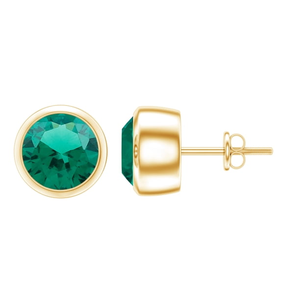 Rosec Jewels Round Shape Created Emerald Solitaire Stud Earrings in Bezel Setting, 14K Yellow Gold