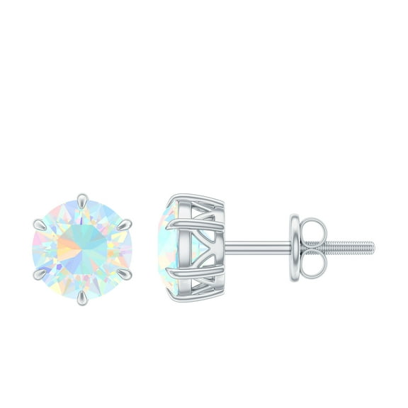 Rosec Jewels Round Shape Ethiopian Opal Solitaire Stud Earrings (6 mm, AAA Quality), 925 Sterling Silver