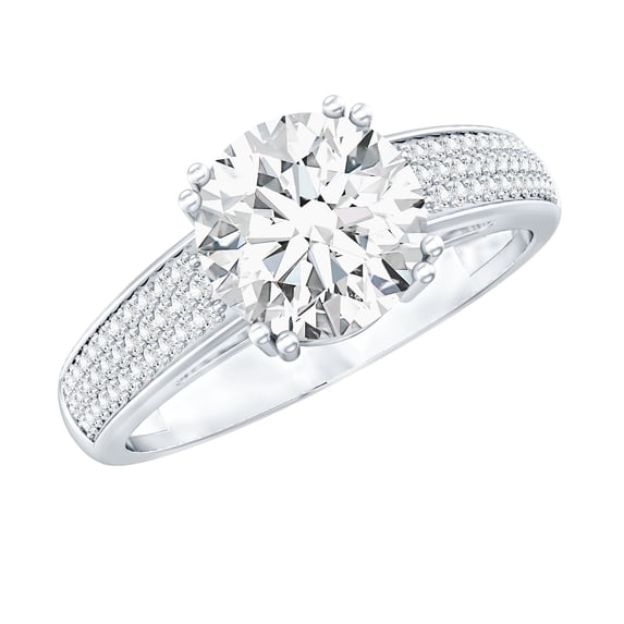 Rosec Jewels Certified Moissanite Round Engagement Ring with Side Stones - 8 mm Moissanite Solitaire Ring - 2 Ct - D-VS1 Quality, 10K White Gold, US 3.50