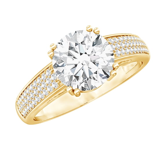 Rosec Jewels Certified Moissanite Round Engagement Ring with Side Stones - 8 mm Moissanite Solitaire Ring - 2 Ct - D-VS1 Quality, 10K Yellow Gold, US 9.50