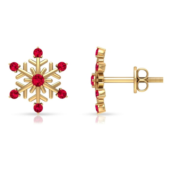 Rosec Jewels Ruby Snowflake Stud Earrings for Women - AAA Quality - July Birthstone Earrings, 10K Yellow Gold